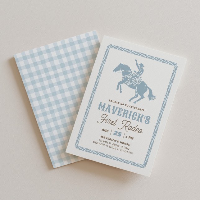 Convite Primeiro Rodeio Boy Blue Gingham 1º Aniversário (Criador carregado)