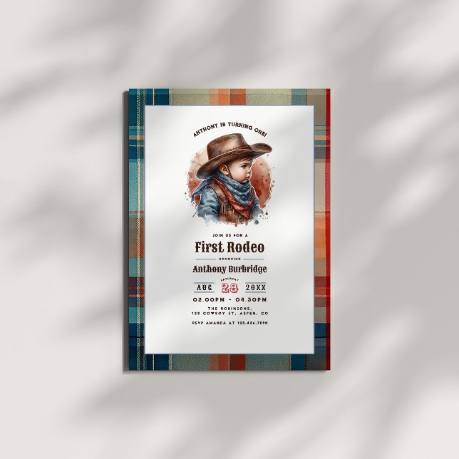 Convite “Primeiro Rodeio” Caubói Rústico Aniversário de 1  (“First Rodeo” Rustic Cowboy 1st Birthday Invitation)