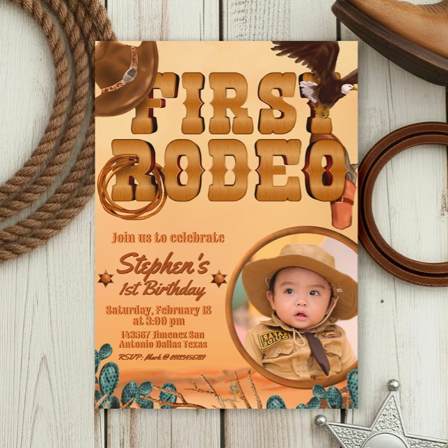 Convite Primeiro Rodeio com Foto (First Rodeo -  Boy 1st Birthday Cowboy Invitation with Picture)