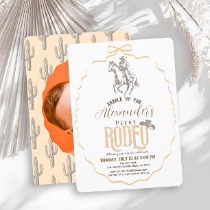 Convite Primeiro Rodeio Cowboy Bege Arco Foto Aniversário