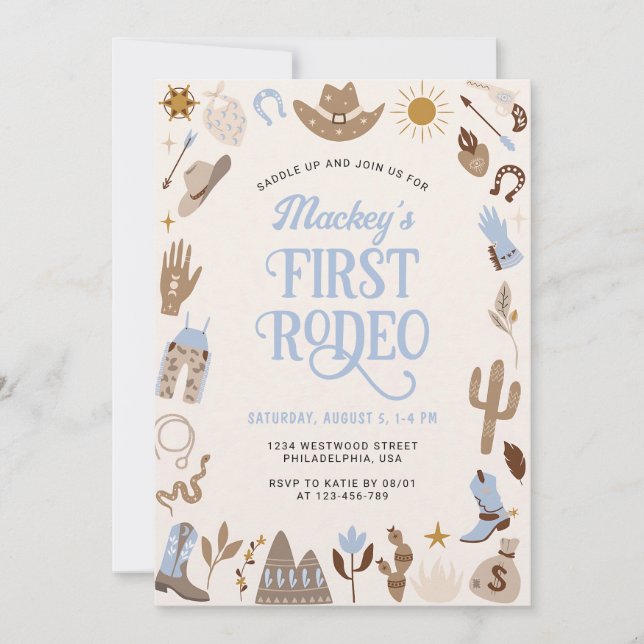 Convite Primeiro Rodeio Cowboy Western Azul Aniversário (Frente)