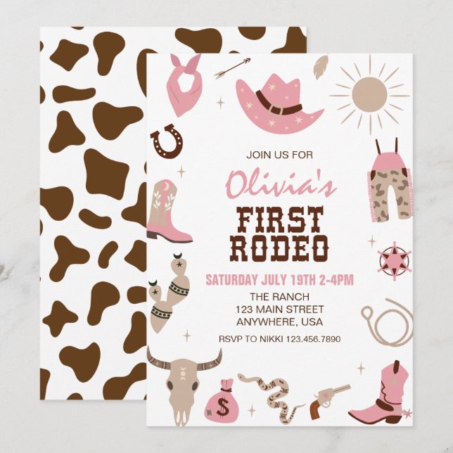 Convite Primeiro Rodeio Rosa Western Aniversário de 1 ano (Frente/Verso)