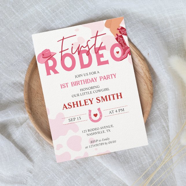 Convite Primeiro Rodeo Pequena Garota primeiro aniversario (First rodeo - 1st birthday party invitation for girls, pink, red, cowgirl)