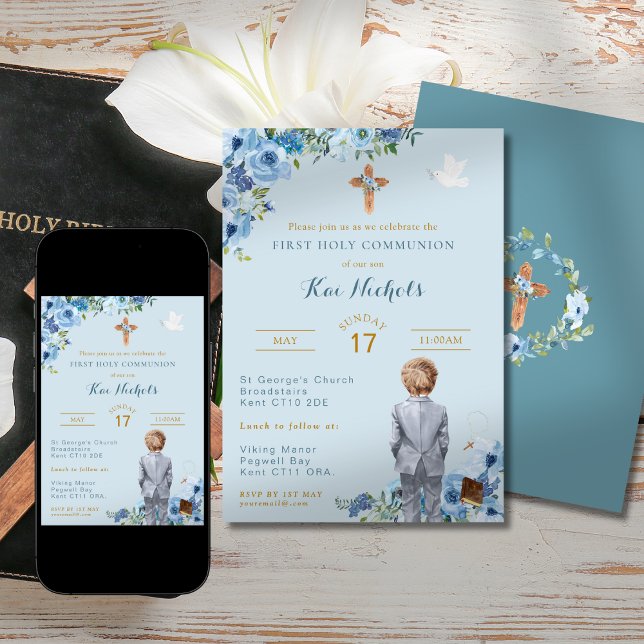 Convite Primeiro Sagrado Comunhão Batismo Blonde Boy Dusky (Criador carregado)