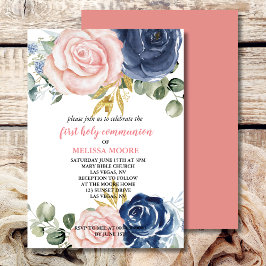 Convite Primeiro Sagrado Marinho Floral Azul Rosa