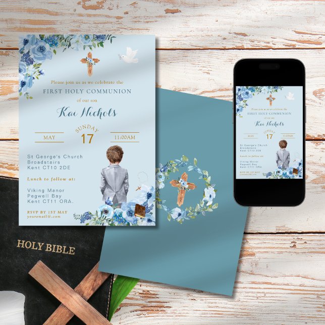 Convite Primeiro Sagrado Menino Batismo Dusky Slate Blue (Criador carregado)