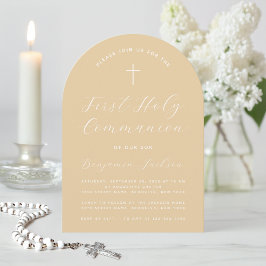 Convite Primeiro Scripts Moderno Simples Beige Arch Comuni