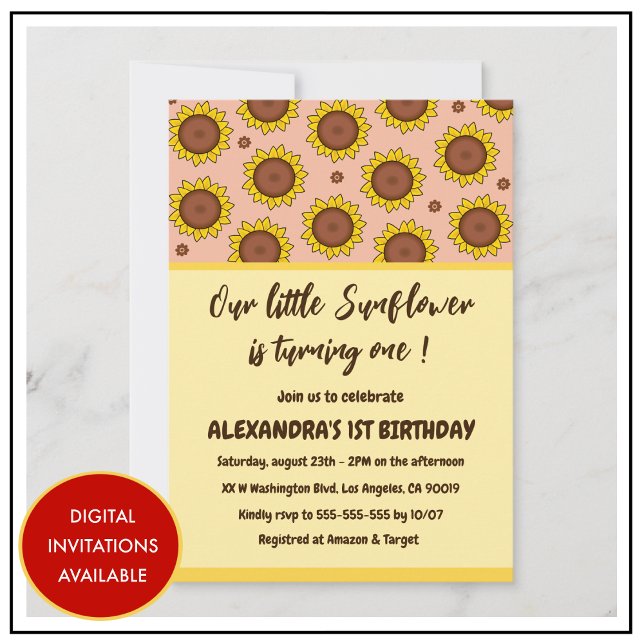 Convite Primeiros aniversarios de girassol (sunflower-1st-birthday-invitations-cute-modern-baby-girl)