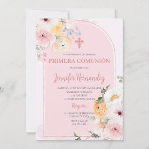 Convite Primera comuna cor rosa con flores