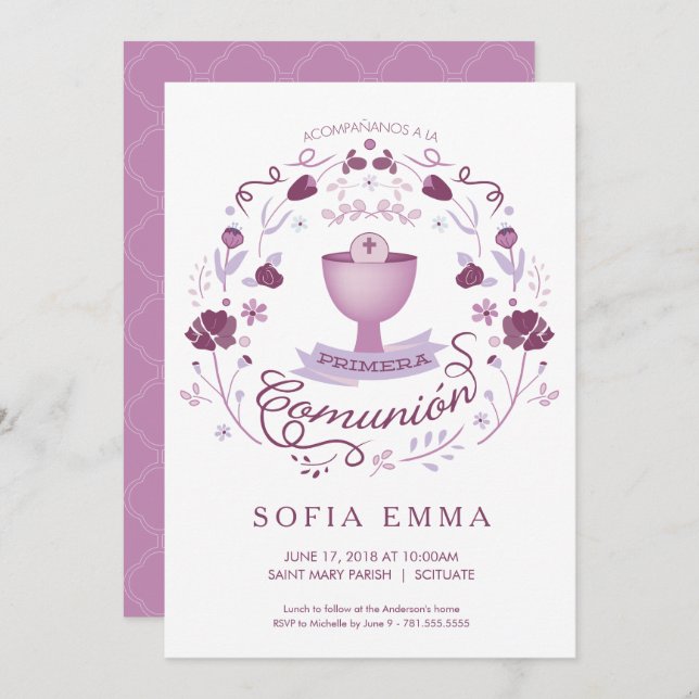 Convite Primera Comunión Invitación - Espanhol, Menina (Frente/Verso)