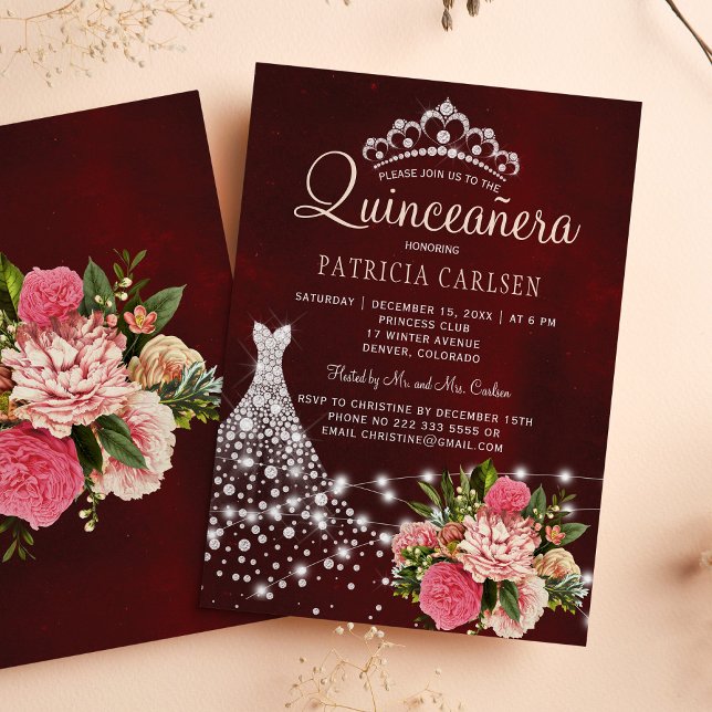 Convite Princa de diamante vestiu quinceera chic burgundy (Criador carregado)