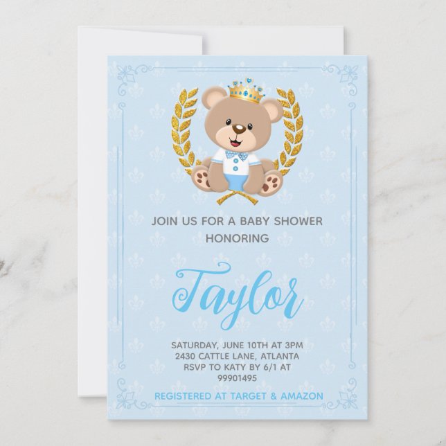 Convite Prince Bear Baby Shower Invitation (Frente)