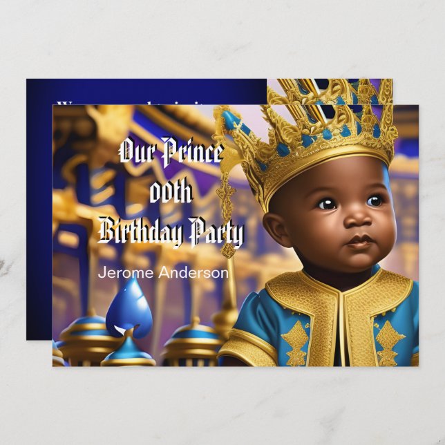 Convite Prince Boy Birthday Azul, Dourado Africano America (Frente/Verso)