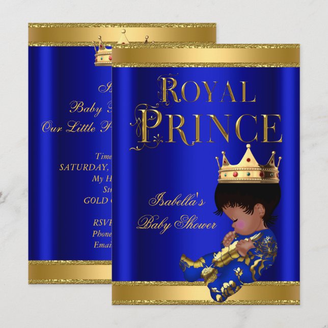 Convite Prince Boy Chá de fraldas Blue Ethnic DOURADO (Frente/Verso)