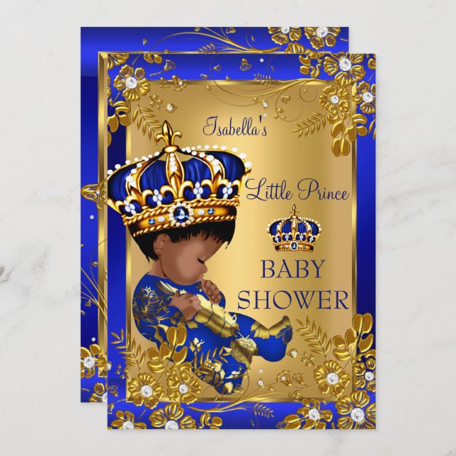 Convite Prince Boy Chá de fraldas Dourado Blue Crown Étnic (Frente/Verso)