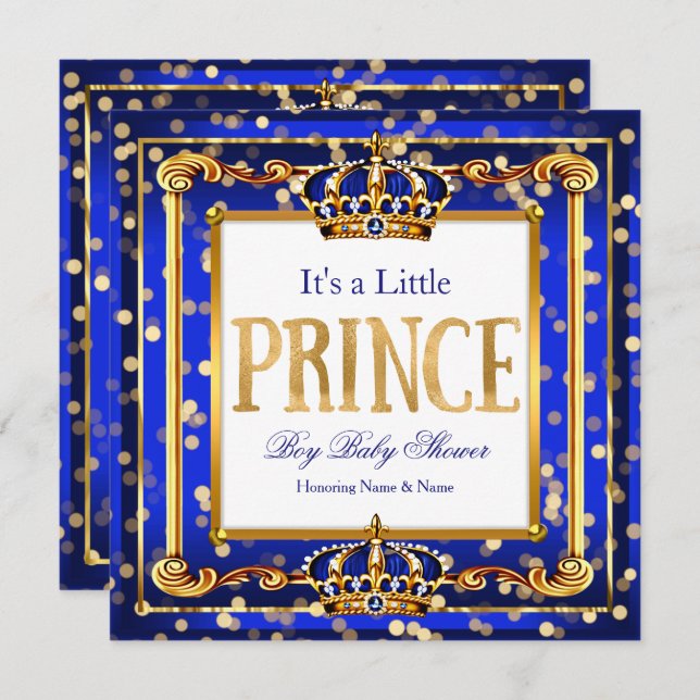 Convite Prince Boy Chá de fraldas Royal Blue Dourado Bokee (Frente/Verso)