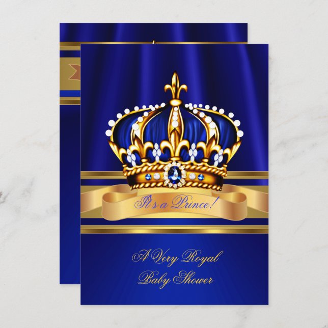 Convite Prince Boy Chá de fraldas Royal Blue Dourado Crown (Frente/Verso)