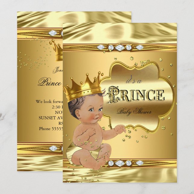 Convite Prince Chá de fraldas Gold Foil Brunette Baby Boy (Frente/Verso)