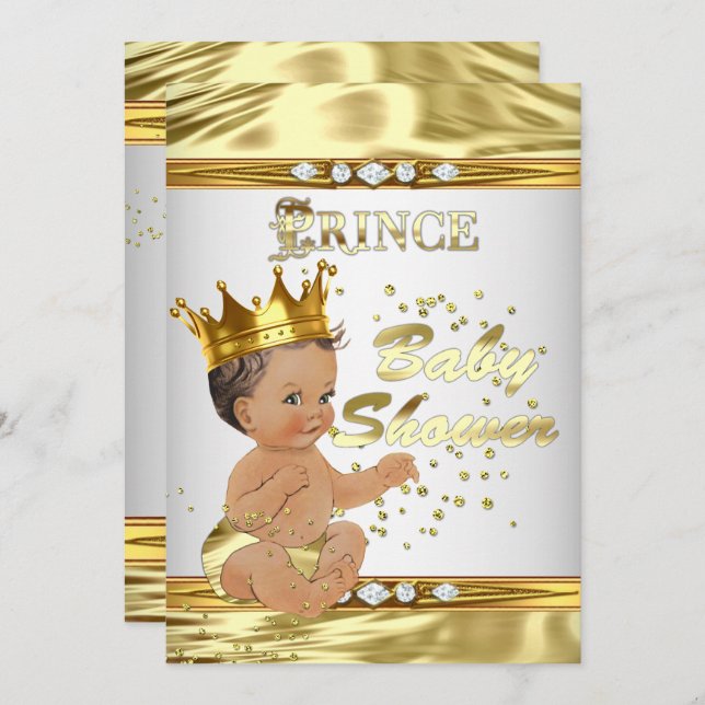 Convite Prince Chá de fraldas White Gold Foil Brunette (Frente/Verso)