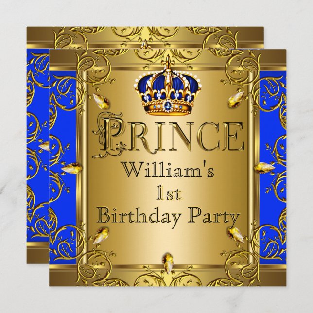 Convite Prince primeiro aniversario Boy Royal Blue Dourado (Frente/Verso)