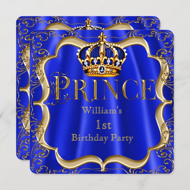 Convite Prince primeiro aniversario Boy Royal Blue Dourado (Frente/Verso)