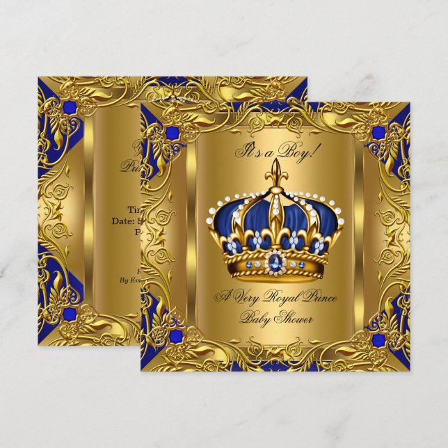 Convite Prince Royal Blue Chá de fraldas Boy Regal Dourado (Frente/Verso)