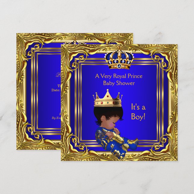 Convite Prince Royal Blue Chá de fraldas Dourado Boy Ethni (Frente/Verso)