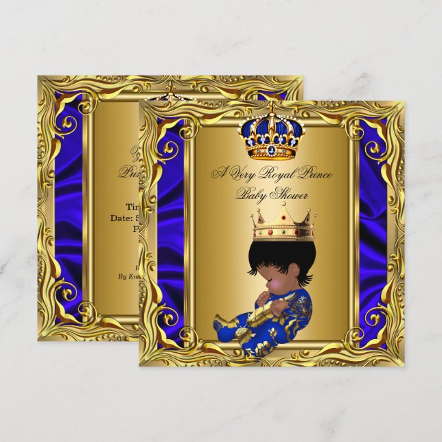 Convite Prince Royal Blue Chá de fraldas Regal Dourado Boy (Frente/Verso)