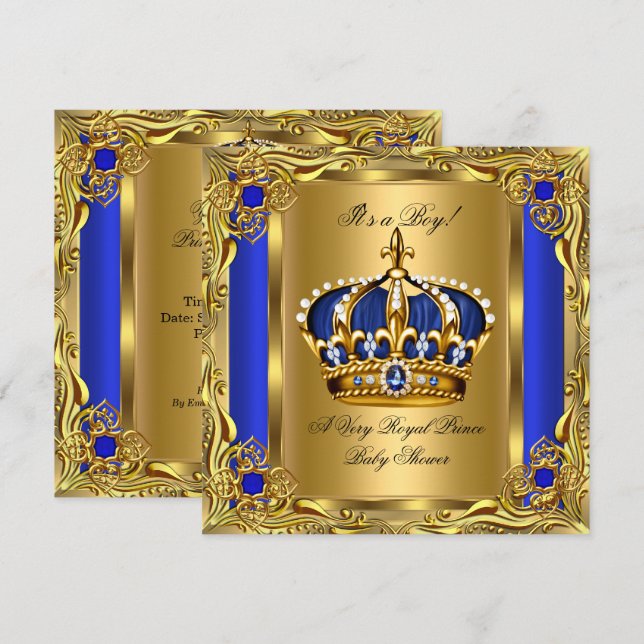 Convite Prince Royal Blue Chá de fraldas Regal Dourado Boy (Frente/Verso)