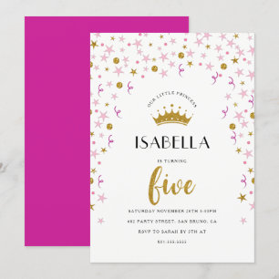 Convite Princesa 5 Birthday Confetti Dourado e rosa