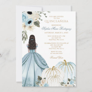 Convite Princesa Abóbora Azul Dourada Floral Quinceañera