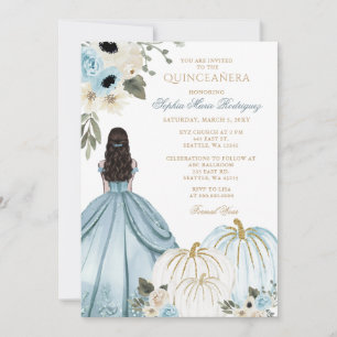 Convite Princesa Abóbora Azul Dourada Floral Quinceañera
