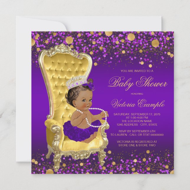 Convite Princesa Afro-Americana Chá de Bebê Dourado e Roxo (Frente)