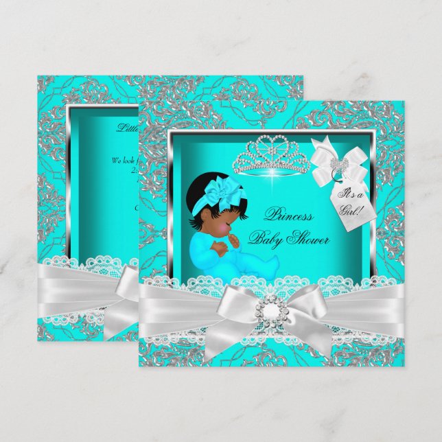 Convite Princesa Afro-Americana Chá de Bebê Menina Azul Tu (Frente/Verso)