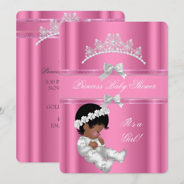 Convite Princesa Afro-Americana Chá de Bebê Menina Rosa (Frente/Verso)