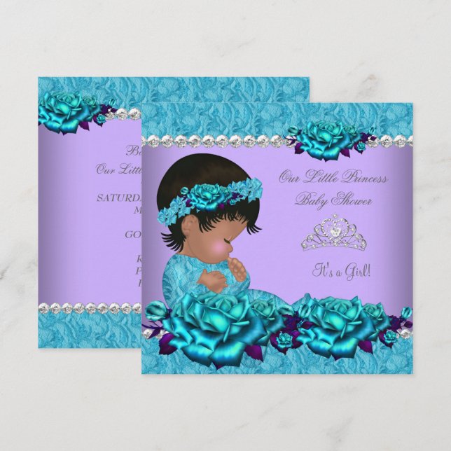 Convite Princesa Afro-Americana Chá de Bebê Menina Rosa 4a (Frente/Verso)