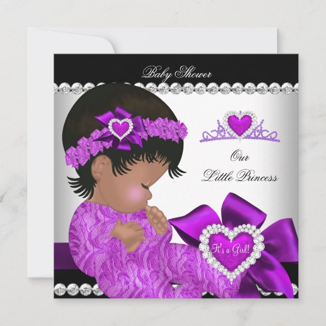 Convite Princesa Afro-Americana Chá de Bebê Menina Roxo (Frente)