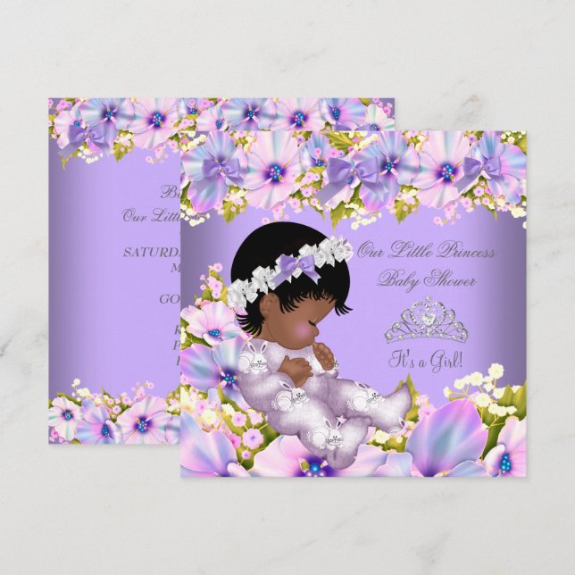 Convite Princesa Afro-Americana Chá de Bebê Menina Roxo (Frente/Verso)