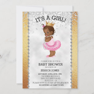 Convite Princesa Afro-Americana Chuveiro de Bebê Ouro Diam