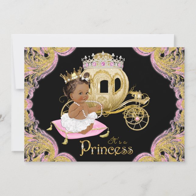 Convite Princesa Afro-Americana Rosa Churras de Bebê Preta (Frente)