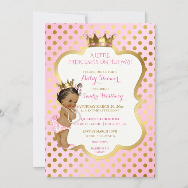 Convite Princesa Afro-Americana Rosa e Dourada Bebê Menina (Frente)
