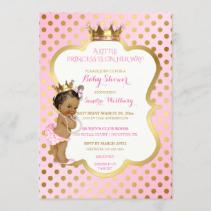 Convite Princesa Afro-Americana Rosa e Dourada Bebê Menina