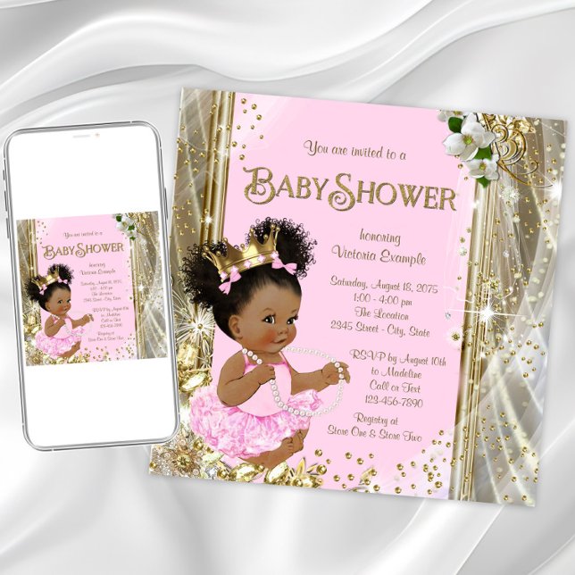 Convite Princesa Americana Africana - Convidações para Beb (Pink gold princess baby shower invitation. Instant download and printed invitations available.)