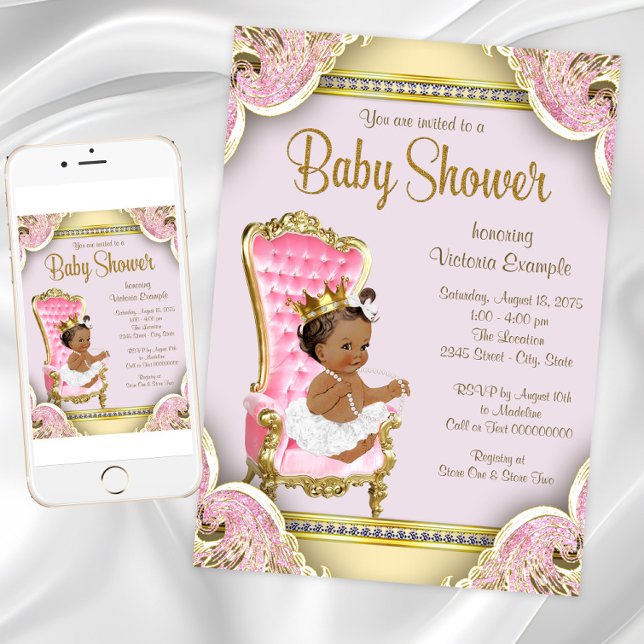 Convite Princesa Americana Africana - Convidações para Beb (African American Princess Baby Shower Invitation. Instant download and printed invitations available)