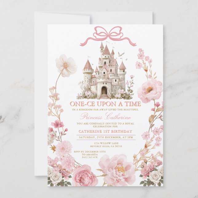 Convite Princesa Arco ÚNICO-Certa vez aniversário Castelo (Frente)