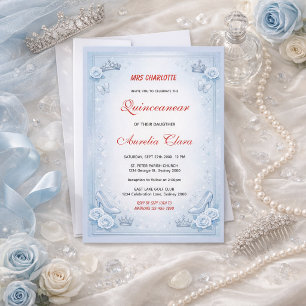 Convite Princesa Azul Claro Prateada Aniversário de Quince