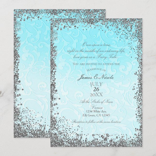 Convite Princesa Azul Prata História de Contos de Fadas Ca (Frente/Verso)