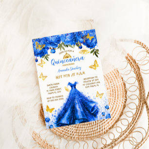 Convite Princesa Azul Real Quinceanera Floral Borboleta