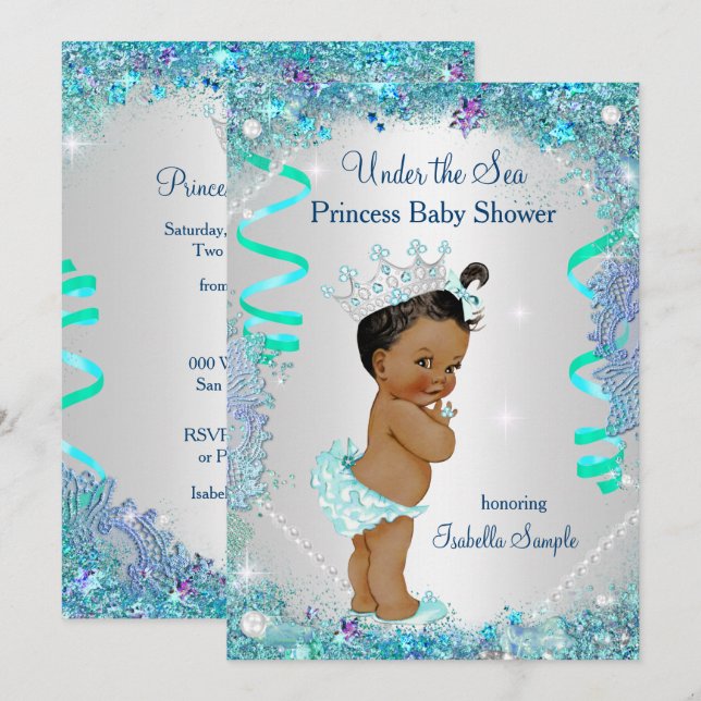 Convite Princesa Azul Sob o Mar Chuvada de Bebê Étnica (Frente/Verso)