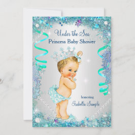 Convite Princesa Azul Sob o Mar Chuvada de Bebê Loura